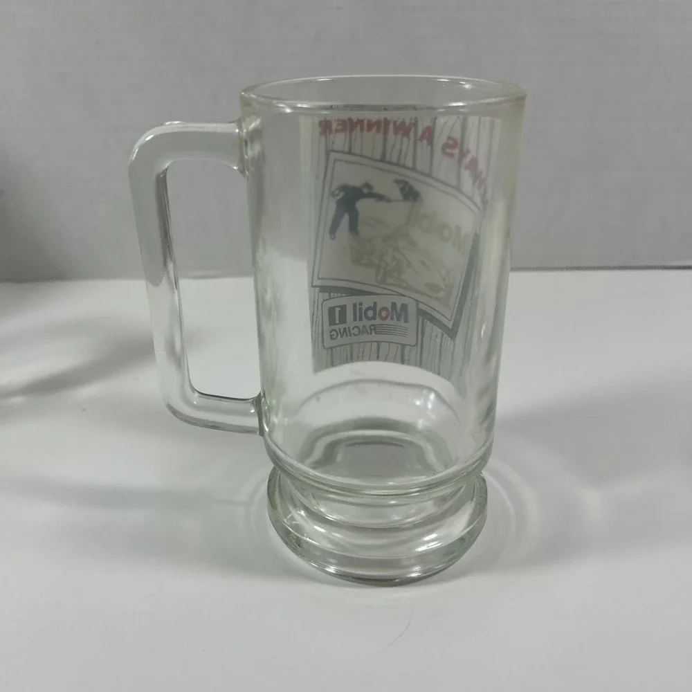 Mobil 1 Racing Always A Winner Advertising Beer Mug‎ Glass Red White Blue Glass